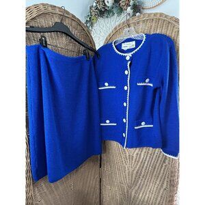 Vintage Neiman Marcus Ami Knits Knit Cardigan Skirt Suit Blue White Sz10 Corp